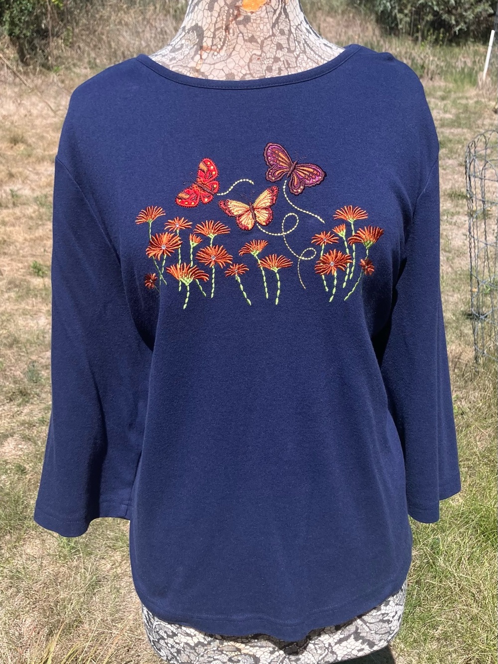 breckenridge Navy Long-Sleeve Top with Orange & Purple Butterfly Embroidery